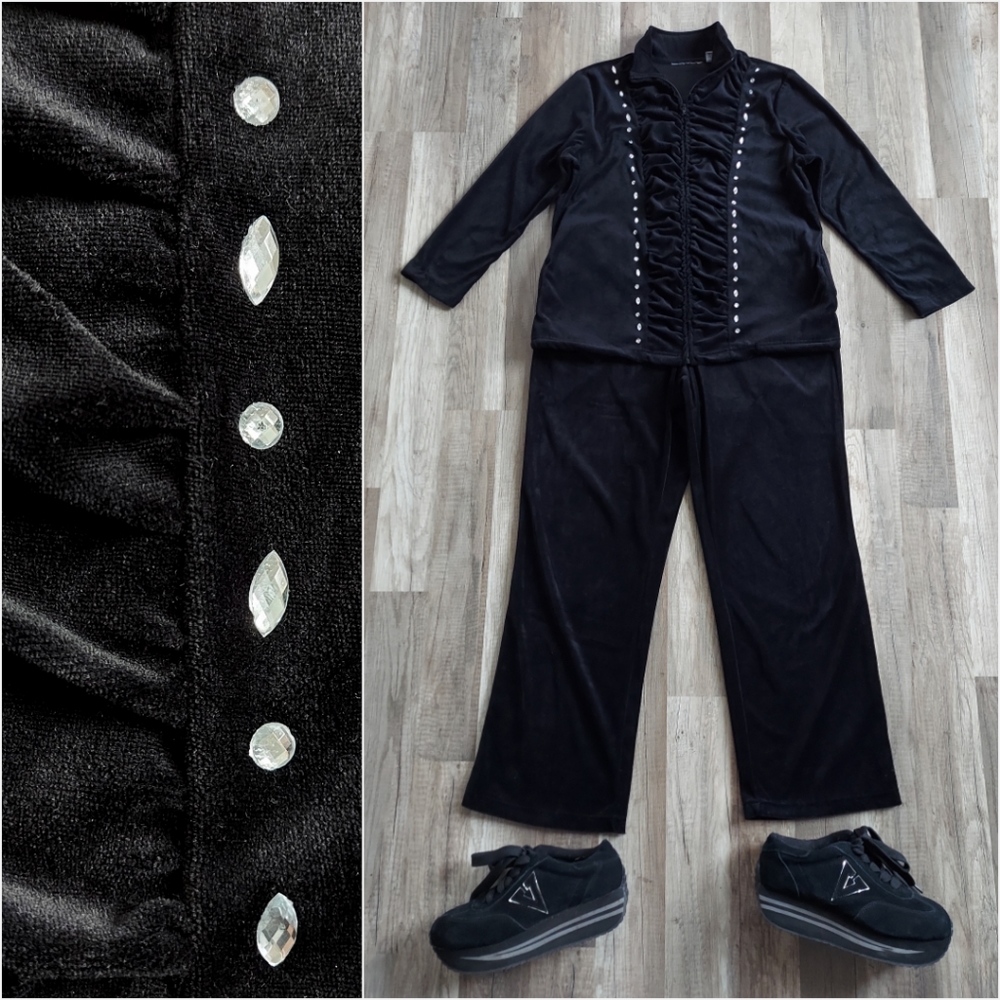 Vintage 2000s Black Velour Track Suit Rhinestones Medium Large